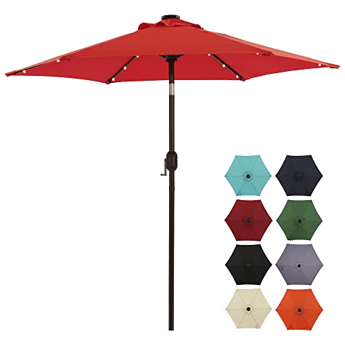 Aok Garden 75 ft Solar Patio Umbrella with 18 LED Lights Outdoor Table Market Umbrella with Push Button Tilt and Crank 6 Sturdy Aluminum Ribs for Deck Lawn Pool Backyard Chili Red
