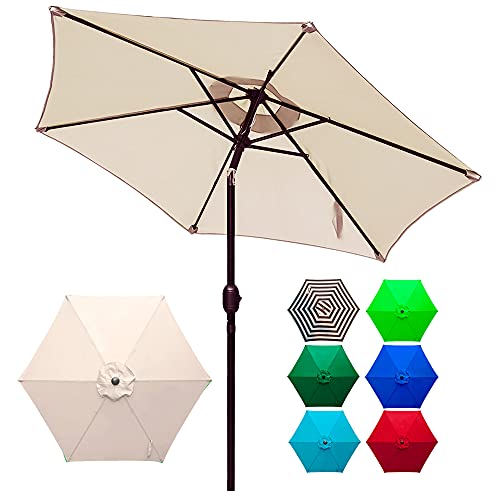 DOIFUN 75ft Patio Umbrella Striped Outdoor Umbrella UV Protect Market Table Umbrellas with Push Button Tilt Crank and Velcro Strap for Lawn Garden Deck Backyard  Pool Beige