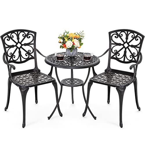 Nuu Garden 3 Piece Bistro Table Set Cast Aluminum Outdoor Furniture Weather Resistant Patio Table and Chairs with Umbrella Hole for Yard Balcony Porch Antique Bronze