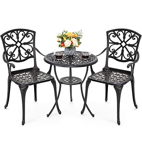 Nuu Garden 3 Piece Bistro Table Set Cast Aluminum Outdoor Furniture Weather Resistant Patio Table and Chairs with Umbrella Hole for Yard Balcony Porch Antique Bronze