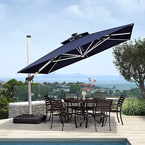 PURPLE LEAF 11 Feet Double Top Deluxe Solar Powered LED Square Patio Umbrella Offset Hanging Umbrella Outdoor Market Umbrella Garden Umbrella Navy Blue