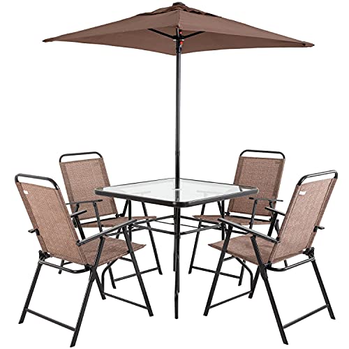 Patio Furniture Patio Table and Chairs Patio Dining Set of 6 Clearance Square Table 4 Folding Chairs with Umbrella for Outdoor Pool Backyard Yard Patio Garden Brown