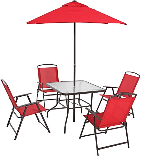 Red 6Piece Folding Dining Set With A Powdercoated Steel Frame Dining Table 4 Sling Folding Chairs And A Market Umbrella Ideal For Enjoying Small Gathering On Patio Garden Lawn Deck Outdoor Furniture