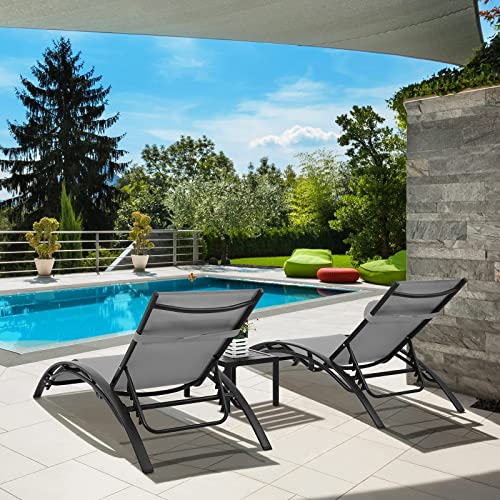 AthLike Outdoor Patio Chaise Lounge Chair Set of 3 Poolside Textilene Lounger Set Backyard Reclining Tanning Chair wSide Table for Garden Beach Pool AllWeather Adjustable Max Load 330Lbs