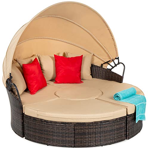 Best Choice Products 5Piece Modular Patio Wicker Daybed Sectional Conversation Lounger Set w 2in1 Setup Adjustable Seats Clips Retractable Canopy Cover WeatherResistant Cushions  Beige