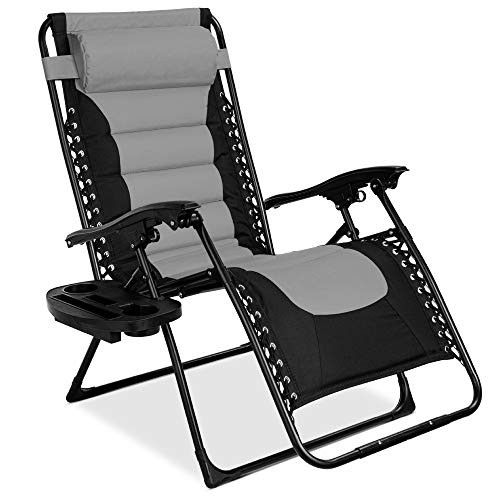 Best Choice Products Oversized Padded Zero Gravity Chair Folding Outdoor Patio Recliner XL Anti Gravity Lounger for Backyard wHeadrest Cup Holder Side Tray Outdoor Polyester Mesh  Gray