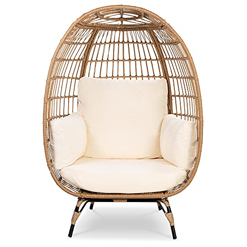 Best Choice Products Wicker Egg Chair Oversized Indoor Outdoor Lounger for Patio Backyard Living Room w 4 Cushions Steel Frame 440lb Capacity  Ivory