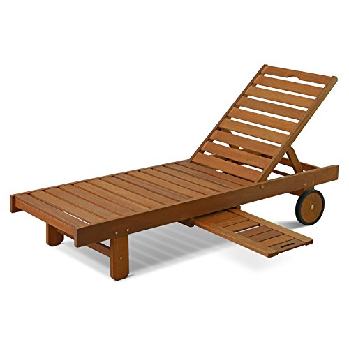 Furinno FG17744 Tioman Outdoor Hardwood Patio Furniture Sun Lounger with Tray in Teak Oil Natural