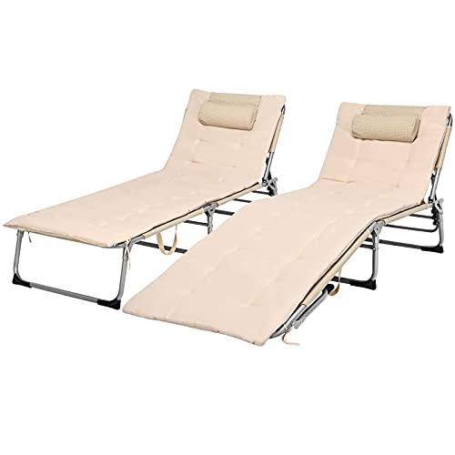 Giantex Lounge Chair Chaise Lounger Beach Recliner with Mattress 4 Adjustable Reclining Position Pillow Side Pocket for Beach Sunbathing Patio Pool Lawn Deck Folding Camping Cot (2 Beige)