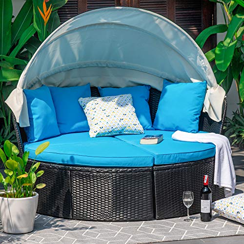 MW Round Outdoor Daybed with Canopy Patio Furniture with Weather Resistant Wicker Base and Soft Cushions Retractable Sun Cover Sectional Lounger (White Throw Pillow NOT Included)