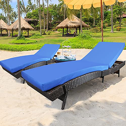 Outdoor Chaise Lounge Patio Backyard Lounger Poolside Sunbed Valentines Day Decor Garden Rattan Chair Set of 2 Brown Rattan Wicker Daybed Set Adjustable 6 Position with Royal Blue Cushions