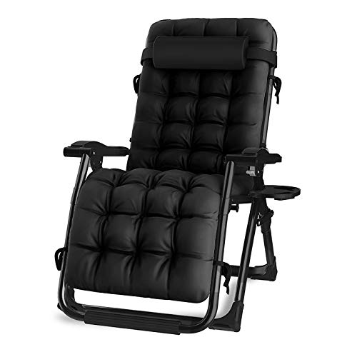 Oversized Zero Gravity Chair Lawn Recliner Reclining Patio Lounger Chair Folding Portable Chaise with Detachable Soft Cushion Cup Holder Adjustable Headrest Support 500 lbs (Black Cushion)