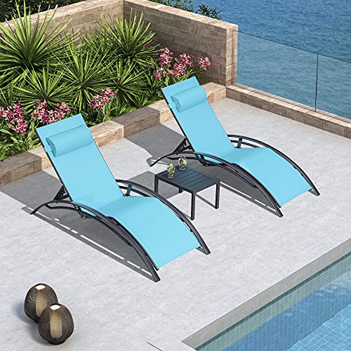 PURPLE LEAF Patio Chaise Lounge Set of 3 Outdoor Lounge Chair Beach Pool Sunbathing Lawn Lounger Recliner Chiar Outside Tanning Chairs with Arm for All Weather Side Table Included Turquoise Blue