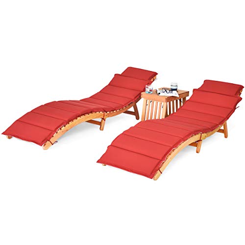 Tangkula 3 Pcs Folding Patio Solid Eucalyptus Wood Lounge Chair Set Outdoor Lounger Chair wFoldable Side Table DoubleSided Cushion Lounger Chairs Set for Garden Lawn Backyard(Red  White)