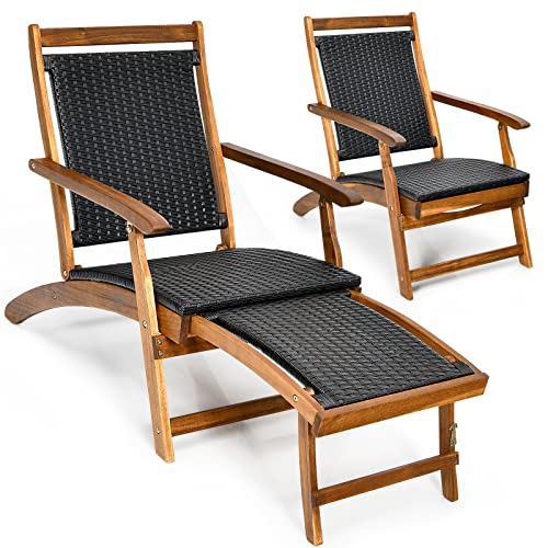 Tangkula Set of 2 Acacia Wood Folding Chaise Lounge Chair Patiojoy Outdoor Foldable Deck Chair Portable Wicker Lounger with Retractable Footrest Ideal for Garden Poolside Courtyard