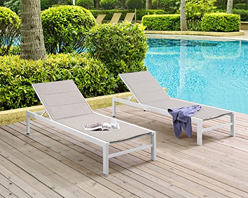 Ulax Furniture Patio Outdoor Aluminum Chaise Lounge Chair Adjustable Lounger Recliner Chair with Wheels and Padded Quick Dry Foam (Set of 2 Beige)