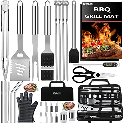 Grilljoy 31PC Heavy Duty BBQ Grilling Accessories Grill Tools Set  Stainless Steel Grilling Kit with Storage Bag for Camping Tailgating  Perfect Barbecue Utensil Gift for Men Women