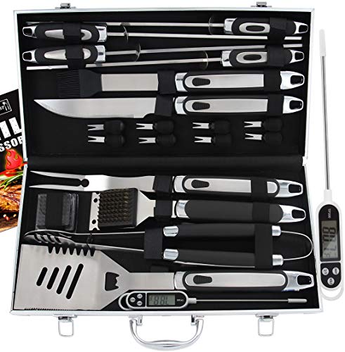 ROMANTICIST 21pc BBQ Grill Accessories Set with Thermometer  The Very Best Grill Gift on Birthday Wedding  Heavy Duty Stainless Steel Grill Utensils with NonSlip Handle in Aluminum Case