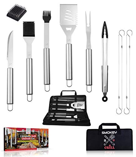 SMOKEY GRILL BBQ Accessories Tools Set  Premium Heavy Duty Grill Set Extra Thick Stainless Steel Grilling Accessories with Black Carrier Bag and Gift Box  16 Inch