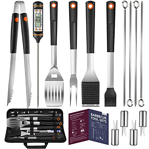 Veken 15 Pc Grilling Accessories Tools Set with Meat Thermometer BBQ Accessories Kit with 4in1 Spatula StainlessSteel Skewers Grilling Tongs Steel Wire BrushGrill Gifts for Men
