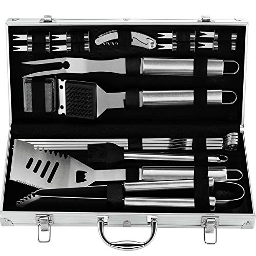 grilljoy 20PCS Heavy Duty BBQ Grill Tools Set  Extra Thick Stainless Steel Spatula Fork Tongs Complete Barbecue Accessories Kit in Aluminum Storage Case  Perfect Grill Gifts for Men