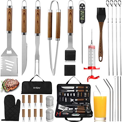 grilljoy 30PCS BBQ Grill Tools Set with Thermometer and Meat Injector Extra Thick Stainless Steel Fork Tongs Spatula  Complete Grilling Accessories in Portable Bag  Perfect Grill Gifts for Men