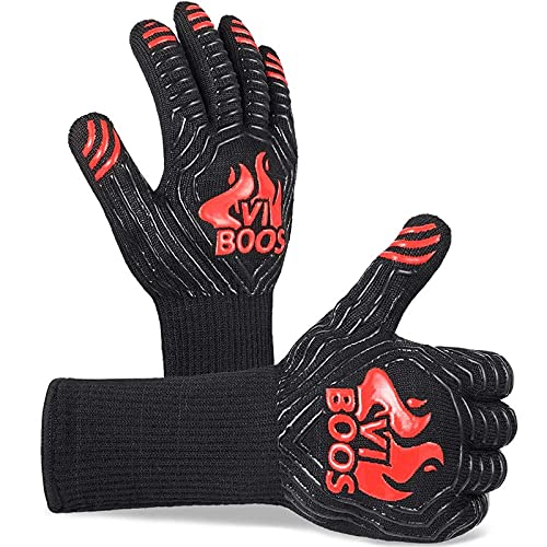 BBQ Gloves 1472℉ Extreme Heat Resistant Grilling Gloves for Cooking Baking and for Smoker Silicone Insulated Cooking Oven Mitts 13 Inch Long NonSlip Potholder Gloves1 Pair (Black  Red)