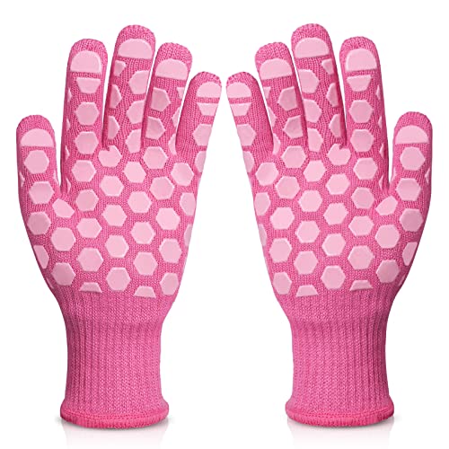 BBQ Gloves for Women 932°F Heat Resistant Oven Gloves NonSlip Grilling Kitchen Gloves for Barbecue Cooking Baking Pink