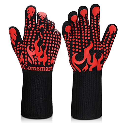 Comsmart BBQ Gloves 1472 Degree F Heat Resistant Grilling Gloves Silicone NonSlip Oven Gloves Long Kitchen Gloves for Barbecue Cooking Baking Cutting