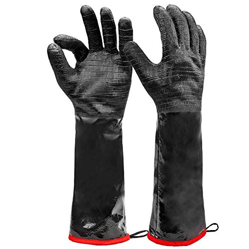 Heat Resistant BBQ Gloves Long Sleeve Grill Gloves Textured Gripto Handle Wet Geasy or Oily Foods Fire and Food Safe Turkey Fryer Grill Oven Mitts for Smoker Grilling and Barbecue Extra Large 18