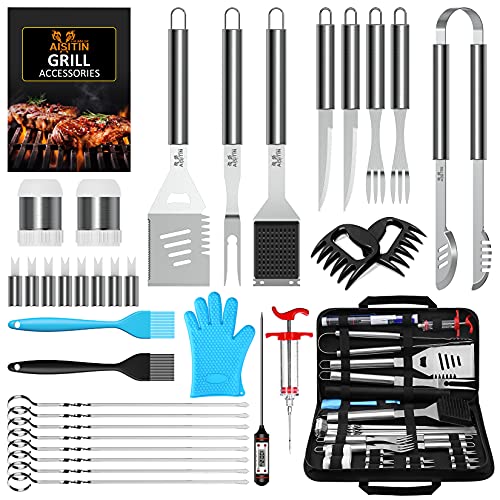 AISITIN 35Pcs BBQ Grill Grilling Accessories Tools Set 16 Barbecue Tool Set with Thermometer Steel Fork Stainless Steel Tongs and Spatula Meat Injector Grill Mat BBQ Tools for Grill Outdoor
