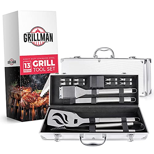 Grillman BBQ Grill Accessories Grilling Utensils Tools Set for Men  Women  13 Piece Grill Set Including Spatula Tongs Basting Brush Cleaning Brush  Scraper Corn Holders and Carrying Case