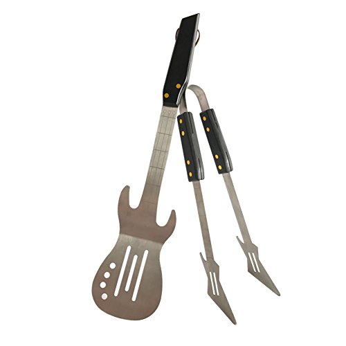 PEPKICN Rock Guitar Style Heavy Duty Stainless Steel 2Piece Barbecue Tool Set  Spatula  Tongs with Wooden Handle