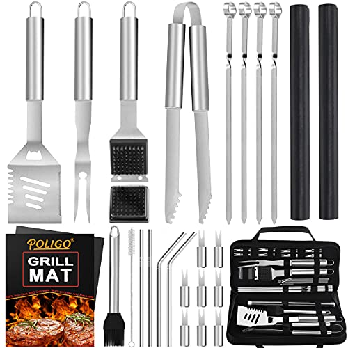 POLIGO 26PCS Grill Set Stainless Steel BBQ Set Grilling Tool with Case  Barbeque Grill Accessories for Outdoor Grill  Premium Grill Utensils Set Ideal Birthday Christmas Grilling Gifts for Men Women