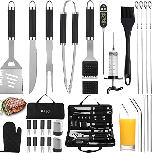 grilljoy 30PCS BBQ Grill Tools Set with Thermometer and Meat Injector Extra Thick Stainless Steel Spatula Fork Tongs  Complete Grilling Accessories in Portable Bag  Perfect Grill Gifts for Men