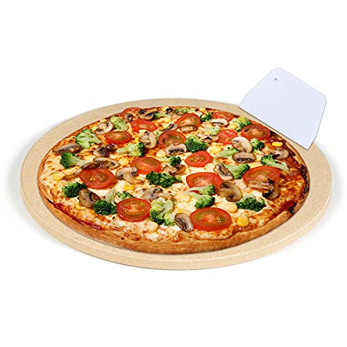 Crozzfog Pizza Stone for Grill and Oven 1025 Round Grill Pizza Stone Baking Stone with Scraper Durable and Safe Ceramic Cordierite Pizza Stone Pan for Crisp Crust Pizza Bread and More