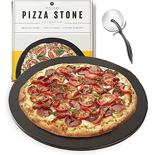Heritage Pizza Stone 15 inch Ceramic Baking Stones for Oven Use  NonStick No Stain Pan  Cutter Set for Gas BBQ  Grill  Kitchen Accessories  Housewarming Gifts w Bonus Pizza Wheel  Black