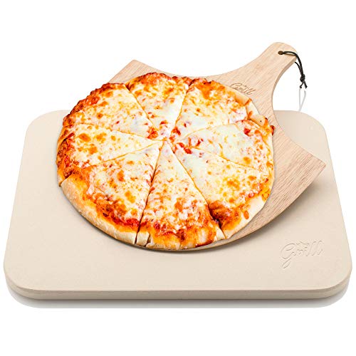 Pizza Stone by Hans Grill Baking Stone For Pizzas use in Oven and Grill  BBQ FREE Wooden Pizza Peel Rectangular Board 15 x 12  Inches Easy Handle Baking  Bake Grill For Pies Pastry Bread Calzone