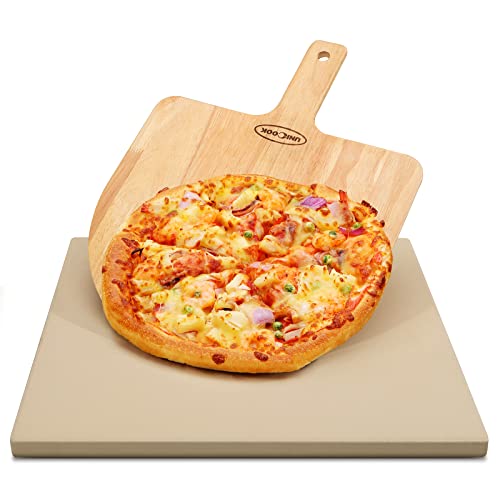 Unicook Pizza Stone and Peel 16 x 14 Inch Baking Stone for Grill Oven Thermal Shock Resistant Cooking Stone for Making Crisp Crust Pizza Bread Includes Wooden Pizza Peel