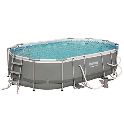 Bestway 56655E Power Steel 16ft x 10ft x 42in Outdoor Oval Frame Above Ground Swimming Pool Set with 1000 GPH Cartridge Filter Pump Ladder and Cover