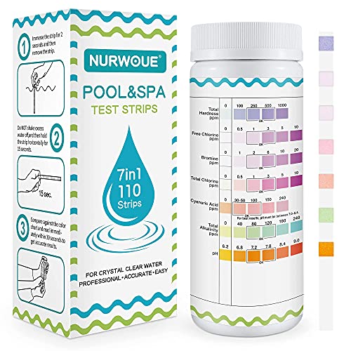 NURWOUE Pool Water Testing Strips 110 Strips Pool Test Kit for Swimming PoolHot TubSpaSalt Water Test pH Chlorine Bromine Hardness Alkalinity and Cyanuric Acid 7in1 Independent packaging