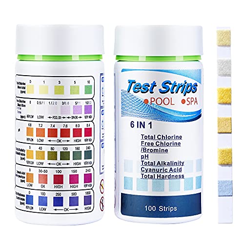 SuperCheck 6in1 Test Strips for Testing Chemical Level in Pool and Spa 7 Parameters 100 Count Pool Test Kit for Chlorine Bromine pH Alkalinity Cyanuric Acid and Hardness Water Quality Tester