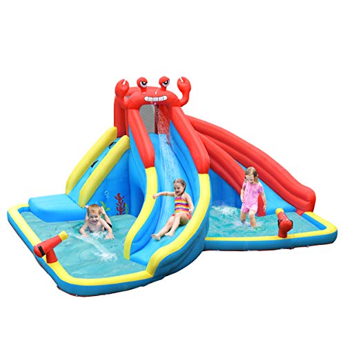 BOUNTECH Inflatable Water Slide Crab Themed Backyard Water Park wDouble Slides Climb Wall Splash Water Pool Tunnel Water Cannon Including Carry Bag Repair Kit Stakes Hose (Without Blower)