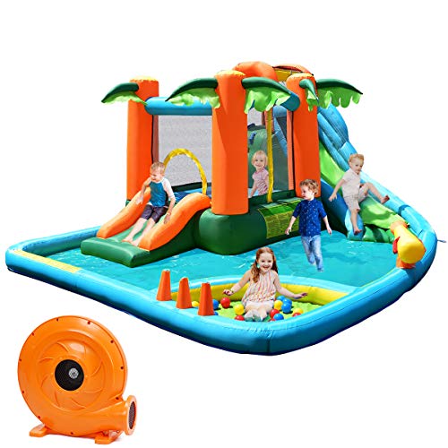 Costzon Inflatable Water Slide 7 in 1 Jungle Backyard Water Park w Two Slides Jumping Area Climbing Wall Basketball Rim Splash Pool Water Cannon Castle Bouncy for Kids (with 780W Air Blower)