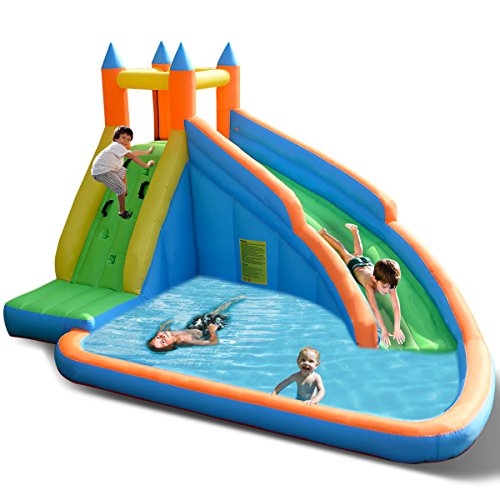 Costzon Inflatable Water Slide Slide Bouncer Water Pool with Long Slide Climbing Wall Including Oxford Carry Bag Repairing Kit Stakes Castle Bounce House (Without Blower)