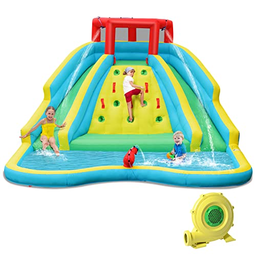 HONEY JOY Inflatable Water Slide Giant Kids Water Park w 2 Long Slides  Climbing Wall Water Hoses  Cannon Large Splash Pool Outdoor Blow Up Waterslides for Backyard (with 750w Blower)