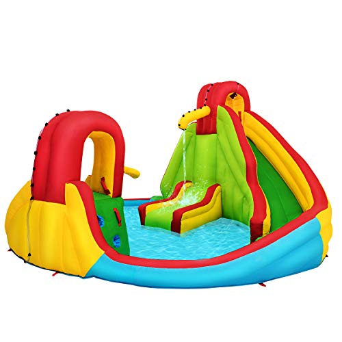 OLAKIDS Inflatable Water Slide Bounce House with 2 Slides Climbing Wall Splash Pool Basketball Rim 2 Water Guns Jumping Castle with Accessories Carrying Bag Repairing Kit Hose Stakes