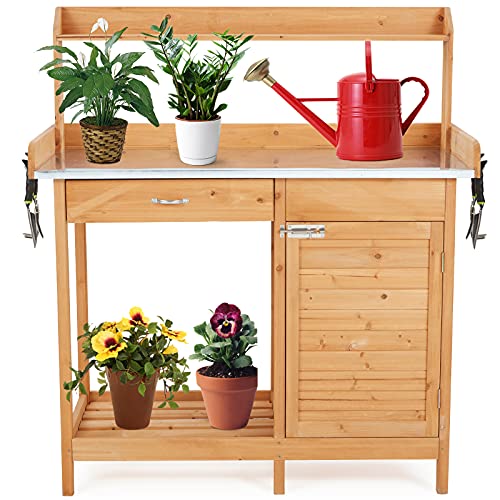 AVAWING Outdoor Potting Bench Table Outdoor Gardening Tables w Metal Tabletop Cabinet Sliding Drawer Garden Work Station wOpen Shelf Natural Fir Wood