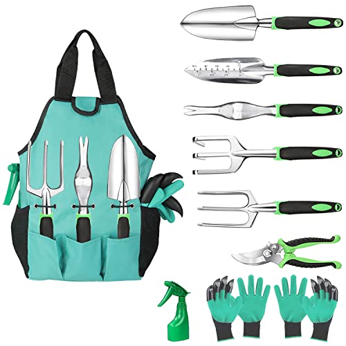 Glaric Gardening Tool Set 10 Pcs Aluminum Garden Hand Tools Set Heavy Duty with Garden Gloves Trowel and Organizer Tote Bag Planting Tools Gardening Gifts for Women Men