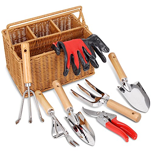 SOLIGT 8 Piece Garden Tool Set with Basket Stainless Steel Extra Heavy Duty Gardening Hand Tools Kit with Wood Handle for Men Women